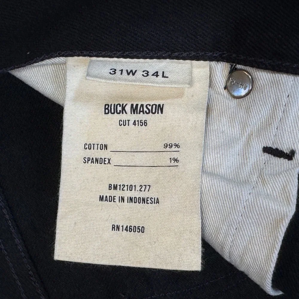 BUCK MASON Black Maverick Slim Jeans Mens 31x28 Tagged 31x34 Button Fly $148
